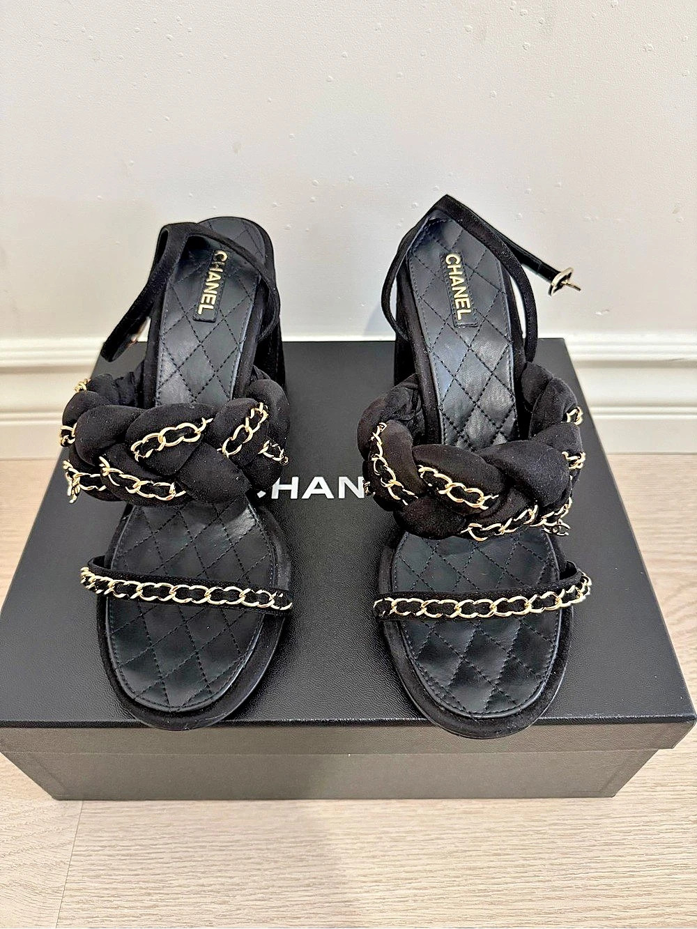 Chanel Black Suede & Chain Block Heeled Sandals Black Chain Heels US 10